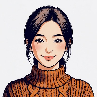 Asian woman in orange turtleneck sweater