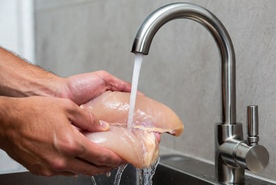 Man Washing Raw Chicken Sink