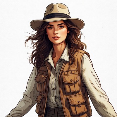 Woman in safari vest and hat