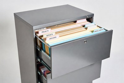 Open gray filing cabinet drawers