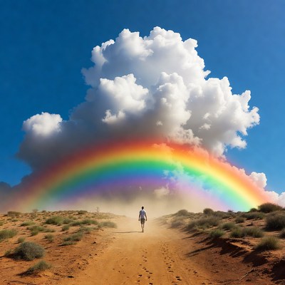 Woman walking toward rainbow