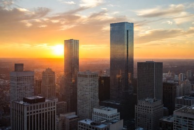 Sunset over city skyline