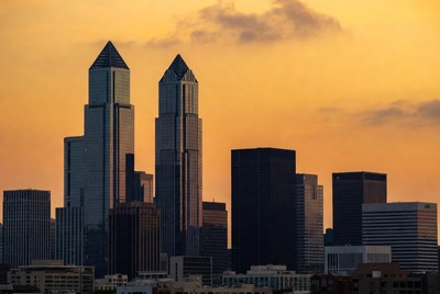 City skyline at sunset