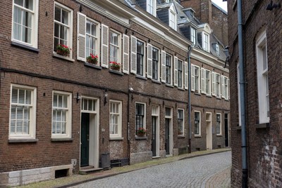 Dutch Brick Houses on Cobblestone Street