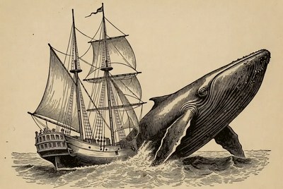 Whale Breaching Near Sailing Ship