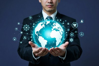 Asian man holding digital globe