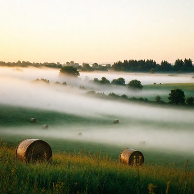 Hay bales in misty fields