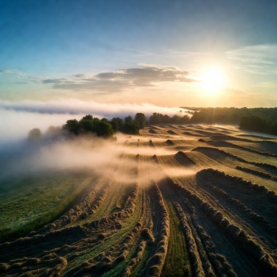 Hay bales in misty fields at sunrise