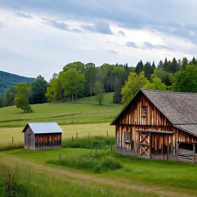 Rustic Barns in Green Rural Landscape