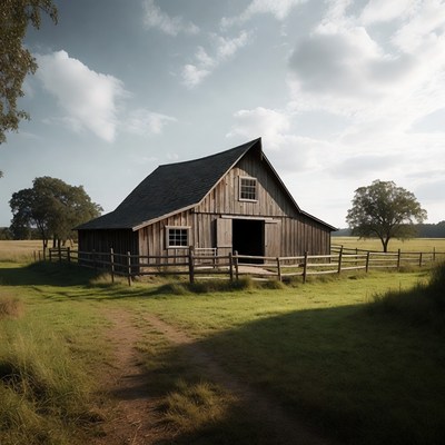 Old Wooden Barn in Grassy Field