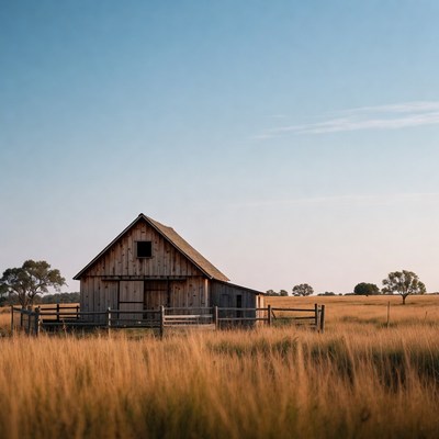 Old wooden barn in golden field