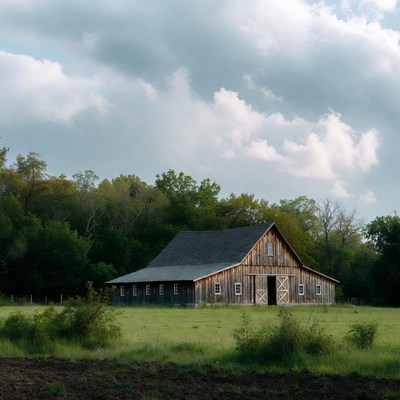 Old wooden barn in green field