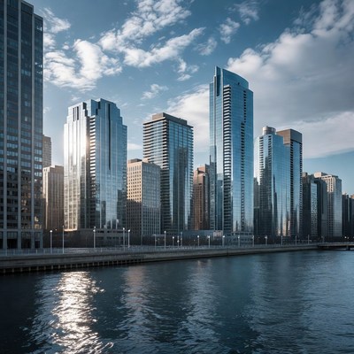 Modern skyscrapers along river waterfront