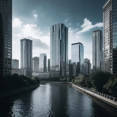 Modern Skyscrapers Along Urban River