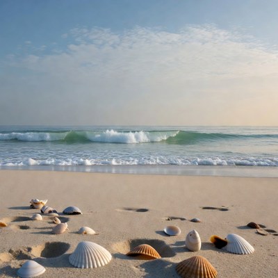 Seashells on sandy beach with waves