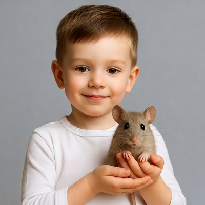 Boy holding cute mouse