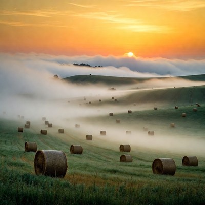 Hay bales in misty sunrise field