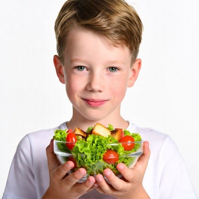 Boy holding salad bowl
