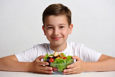 Boy holding fresh salad bowl