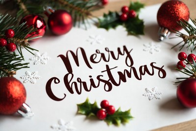 Merry Christmas with ornaments and holly