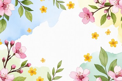 Watercolor Pink Cherry Blossoms and Yellow Flowers