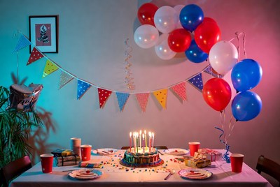Birthday cake with balloons and decorations