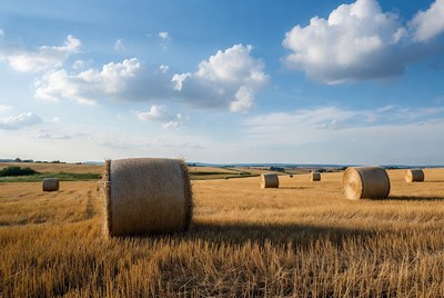 Hay bales in golden wheat field