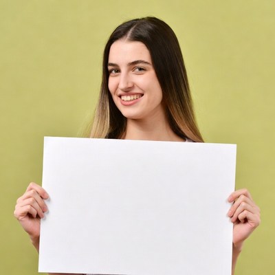 Smiling woman holding blank sign