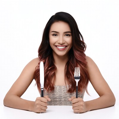 Asian woman holding fork and knife