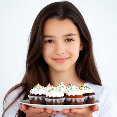 Girl holding cupcakes on plate