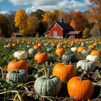 Red Barn in Pumpkin Patch Field