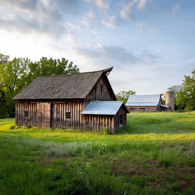 Rustic Barn and Silo in Green Field