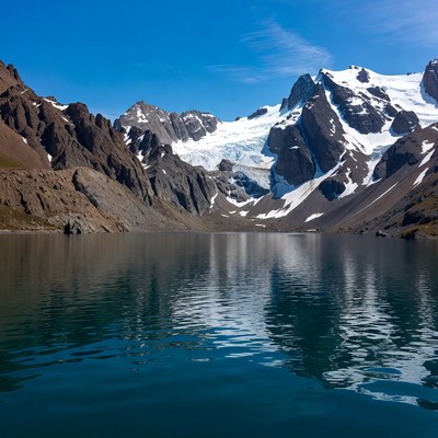 Glacial Lake Amid Snowy Mountains