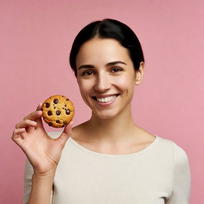 Woman holding chocolate chip cookie
