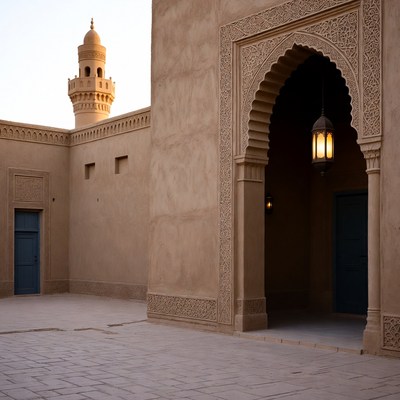 Traditional Arabic Minaret and Arched Courtyard