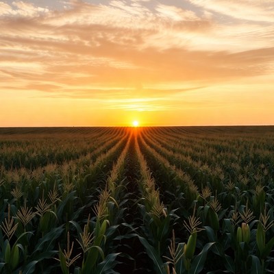 Sunset over cornfield rows