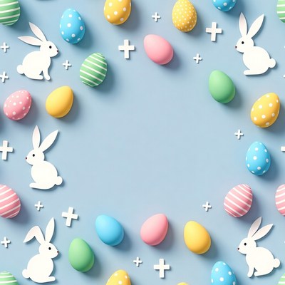 Easter Eggs and Bunnies on Blue Background