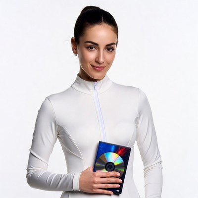 Woman holding CD in white jumpsuit