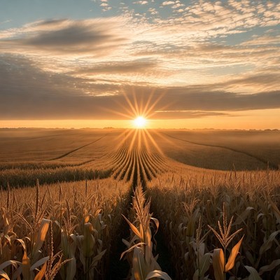 Sunrise Over Corn Field Rows
