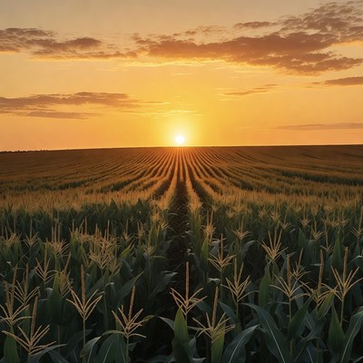 Sunset over cornfield rows
