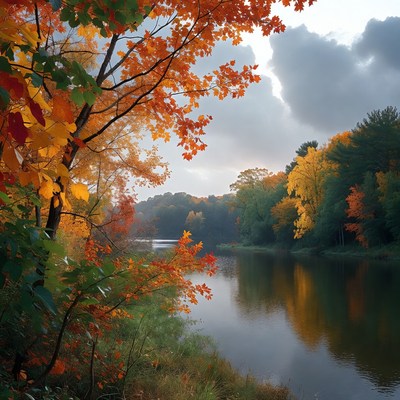Autumn River with Colorful Fall Foliage