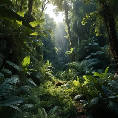 Lush Tropical Rainforest with Sunbeams