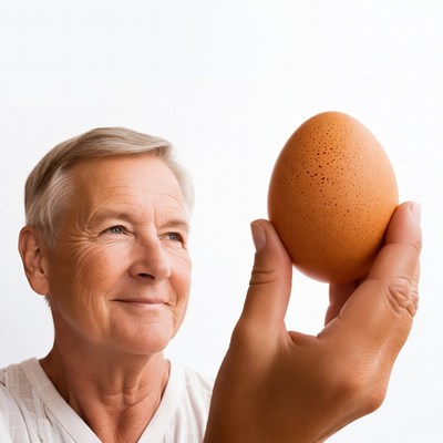 Elderly man holding brown egg