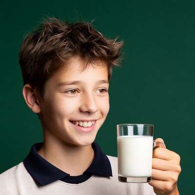 Boy smiling holding glass of milk