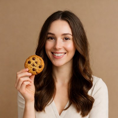 Woman holding chocolate chip cookie
