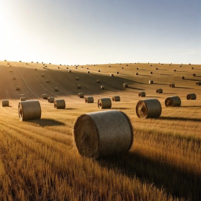 Hay bales in golden field at sunset
