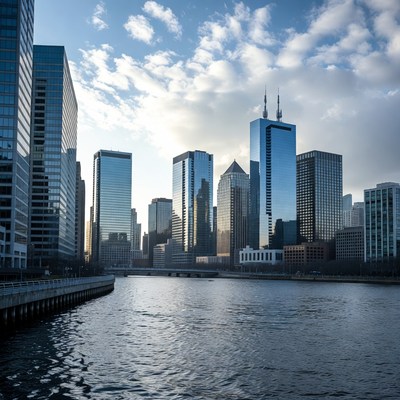 Modern Skyscrapers along Urban River