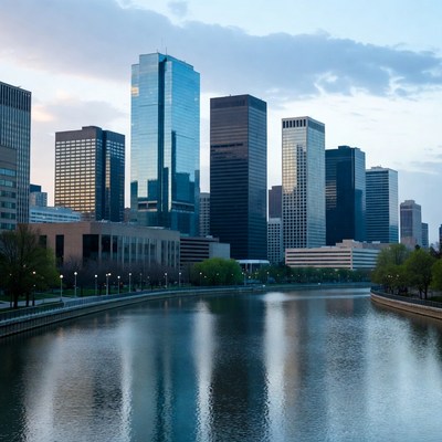 City skyline reflecting in river