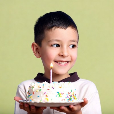Boy holding birthday cake with candle