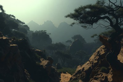 Misty Mountains with Pine Trees